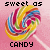 six identical candy lollipops with multicolored swirls on pink backgrounds, each labeled 'sweet as CANDY' in pixelated text