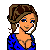 Pixel art contact sheet of a female character with brown hair in an updo wearing a blue dress, alongside text panels on blue and dark backgrounds.
