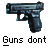 Two pixelated handguns and a cartoon character with purple top hat appear in , each paired with text below