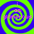 Four identical spiral patterns with alternating green and blue rings, each containing pink text reading "i am glamorous" in a pixelated font.