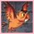 Pixelated cartoon cat with orange fur, yellow eyes, and brown ears against a dark blue background inside a pink border.
