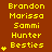 Yellow pixelated text on brown background lists names Brandon Marissa Sammi Hunter Besties with animated heart symbols appearing sequentially.