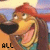 Animated cartoon dog with red bandana, yellow face, brown ears, black nose, pink tongue; background sky and water.