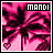 Pixelated pink and black palm tree scene with 'MANDI' text at top, featuring a heart symbol that changes from solid pink to white outline.