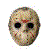 Pixelated mask with dark eye holes and red smudges on a white background, accompanied by orange text reading MY secret killer.