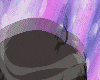 Animated sequence of a cartoon character with black hair and glasses against a purple-pink gradient background, showing facial expressions from closed eyes to open mouth.