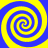 Four yellow and blue spiral patterns arranged in a square on a solid background, each with alternating color bands forming continuous swirls