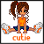 Pixel art of a girl with brown pigtails in orange top and blue shorts, performing a split on white background with 'cutie' text below.