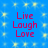 Blue background with yellow star-like patterns and red text reading "Live Laugh Love" in four identical quadrants.