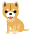 Pixelated Shiba Inu dog with tan fur, white facial markings, black eyes and nose, pink tongue visible in open mouth, sitting pose on gray background.