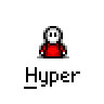 A 5x5 contact sheet of pixel art frames showing a red and white cartoon character performing various poses with the text "Hyper" beneath each frame.