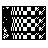 Black and white pixel art grid with multiple distinct patterns including checkered sections, vertical stripes, scattered dots, and diagonal lines on a solid black background.