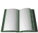 Animated sequence of an open book with green covers and white pages, showing page-turning motion