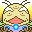 Pixel art contact sheet showing two animated frames of a mushroom character with white hair, smiling face, and blue cross symbol on its base against a sunset background.
