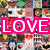 A static image with four distinct text sections: pink 'LOVE', blue 'it's a GAME', orange 'I've WON', and a gray area. The background behind the top-left section shows a collage of small images.