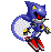 Pixel art character with blue fur, red shoes, yellow accents, and glowing red eyes in multiple poses including running with a circular motion effect.