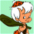 Pixelated cartoon character with white hair and orange patterned headband, green scarf, orange outfit on light green background.