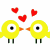 Two yellow pixelated birds face each other with orange beaks, red hearts float above them, and 'love o BIRDS' text appears to the right.