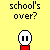 Pixel art character with white face and red torso shows sequential expressions from questioning to crying with eye tears, text overlays read school's over?, I..., I'm Free?, I'm so happy...
