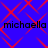 Blue background with red diamond-shaped pattern and four instances of the text 'michaelia' in black pixelated font