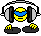 Pixelated character with yellow head and blue band, wearing black headphones, standing on dark gray platform with yellow feet.