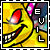 Yellow cartoon character with red eyes and sharp teeth, smiling widely; vertical text 'EVIL' in stylized letters on the right side.