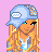 Pixel art of a female character with long blonde hair wearing a blue cap, denim jacket, white shirt, white skirt, and white sneakers with blue stripes on a pink background.