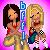 Two pixelated female figures stand side-by-side against a pink gradient background, with vertical blue text between them.