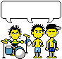 Pixel art of two yellow-skinned figures with spiky black hair, one playing drums, the other holding a microphone, against a gray background with speech bubbles containing text.