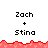 Pixelated text 'Zach + Stina' appears above red jagged border, with gray area on right side of frame.