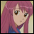A 48x48 pixel buddy icon featuring a split composition with an anime-style character on the left and text elements on the right against a black background.