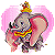 Pixelated 50x50 static icon of a cartoon elephant with large pink ears, wearing a colorful striped hat and yellow outfit against gray background.