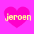 Four identical pink heart shapes on a bright pink background, each containing the text 'jeroen' in yellow pixelated font.