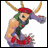 Pixelated character with bull horns, red beret, green hair, purple sleeveless top, red skirt, and muscular build against white background.