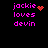 Pixelated text 'jackie loves devin' in bright pink on black background with animated red heart and orange dot patterns.