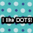 A static image with a teal background patterned by alternating light blue and dark blue dots, featuring black text reading "I LIKE DOTS!" in the upper left.