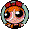 Pixelated cartoon character with orange hair, red bow, large black eyes with white highlights, and pink face features in two side-by-side views showing slight head position differences.