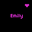 Four pink 'Emily' text labels on black background with pixelated heart and dot cluster icons above and below.
