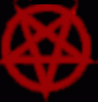 Red inverted pentagram symbol with circular border animates through rotation and partial collapse against black background.