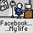 Pixel art animation of a character at a desk with skulls, cycling through multiple poses while text reads "Facebook... Mylife".