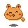 Pixelated orange bear with purple ear spots and red cheek marks in six sequential poses showing facial expressions, arm positions, and sleep symbols.