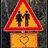 Animated traffic sign icon with red border, yellow background, two figures holding hands above a heart symbol on sand.