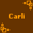 Brown background with orange pixelated text 'Carli' and repeating orange square-based geometric patterns in four orientations.