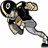 Pixelated football player in black uniform with gold accents running left to right, holding a football, next to yellow text on black background.