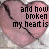 A pink heart-shaped icon with a black crack, displaying the text "and how broken my heart is" in pixelated font.