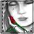 A grayscale portrait of a woman holding a red rose, with a single red tear on her cheek, displayed in a of nine