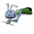 Pixelated blue insect-like creature with green accents holds a large green cylindrical object, legs splayed, small white sparkles below.