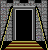 Pixelated castle scene with stone walls, black doorways, and golden-brown baskets with red stripes, showing sequential changes in door and basket positions.