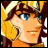 Pixelated anime-style character with brown hair and blue eyes, wearing golden armor, next to stylized text on black background.