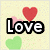 Four -aligned pixel art display the word 'Love' with varying letter casing, each featuring a red heart above and green hearts below on a speckled background